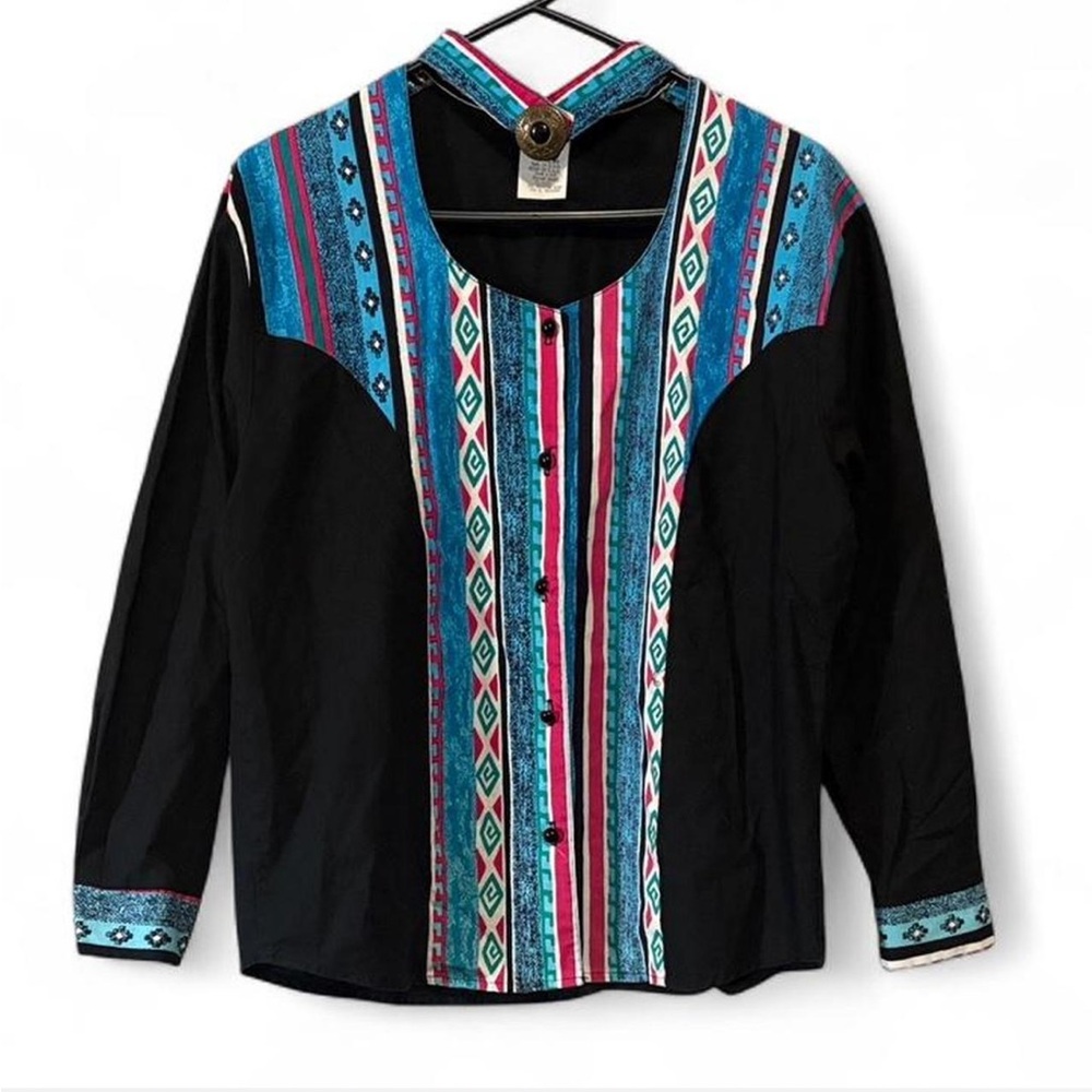 Vintage Ozark Mountain Western Aztec Patterned Choker Neckline Shirt